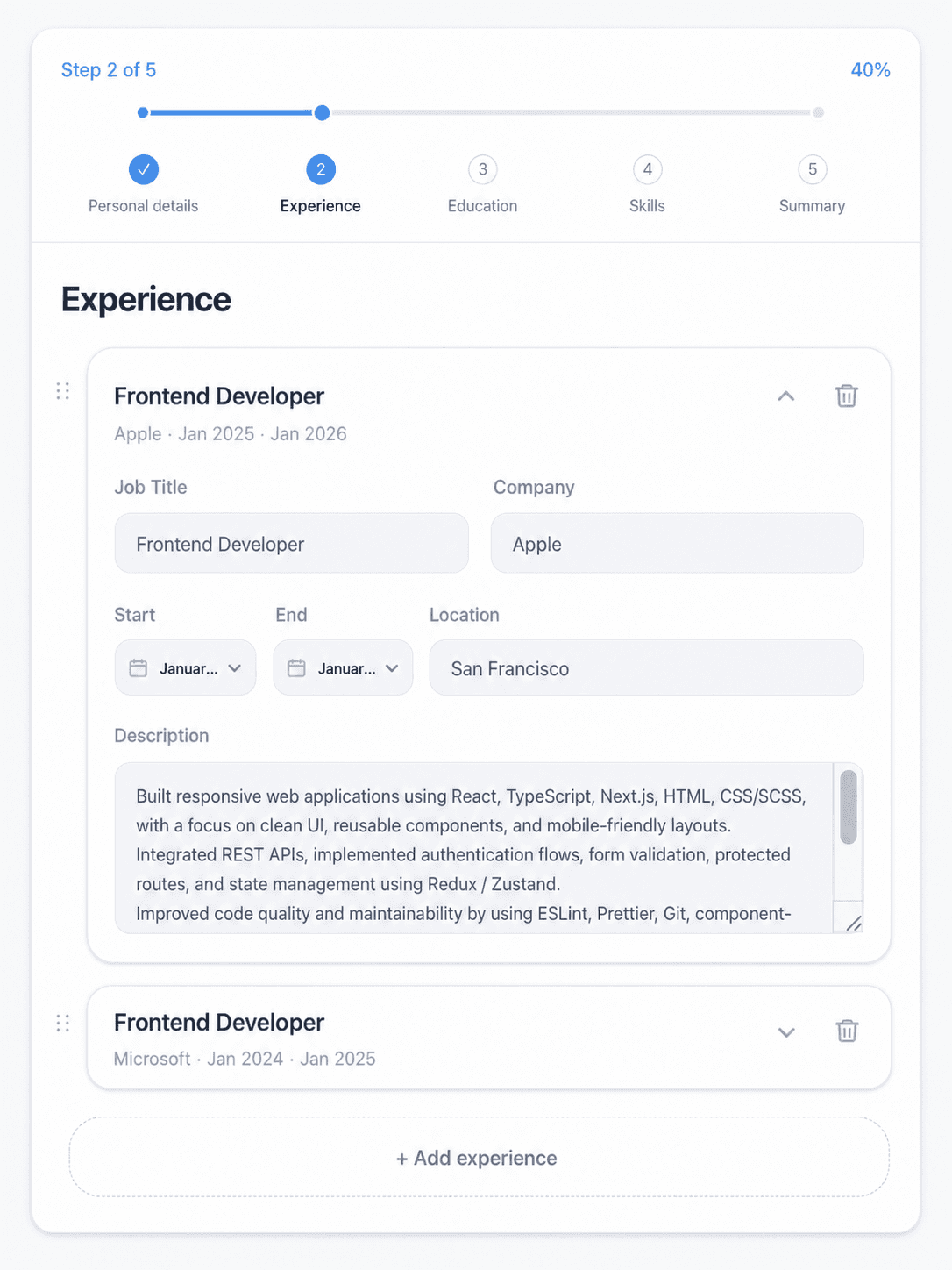 Resume experience editor