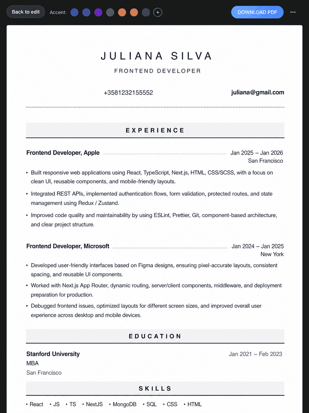 Resume preview and PDF export screen